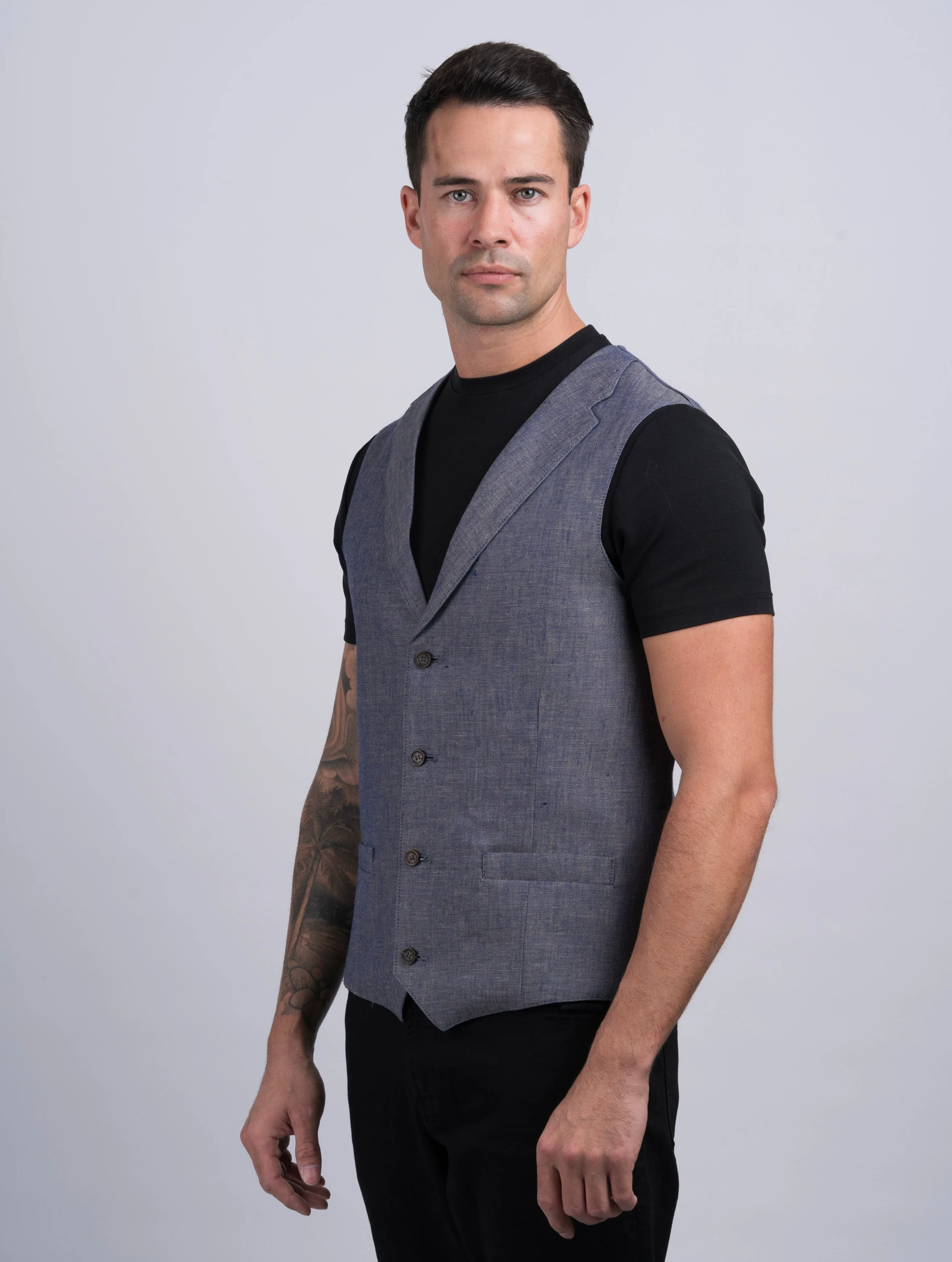 Mens Denim Linen Waistcoat & Vest With Revere