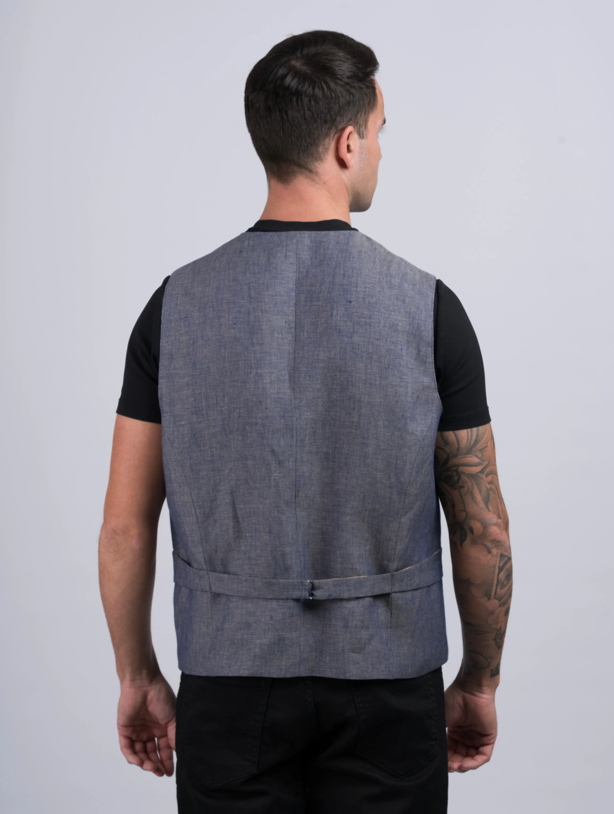 Mens Denim Linen Waistcoat & Vest With Revere