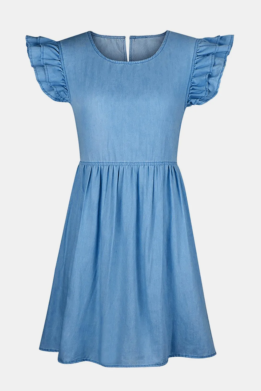 Mia Full Sized Ruffled Round Neck Cap Sleeve Denim Dress