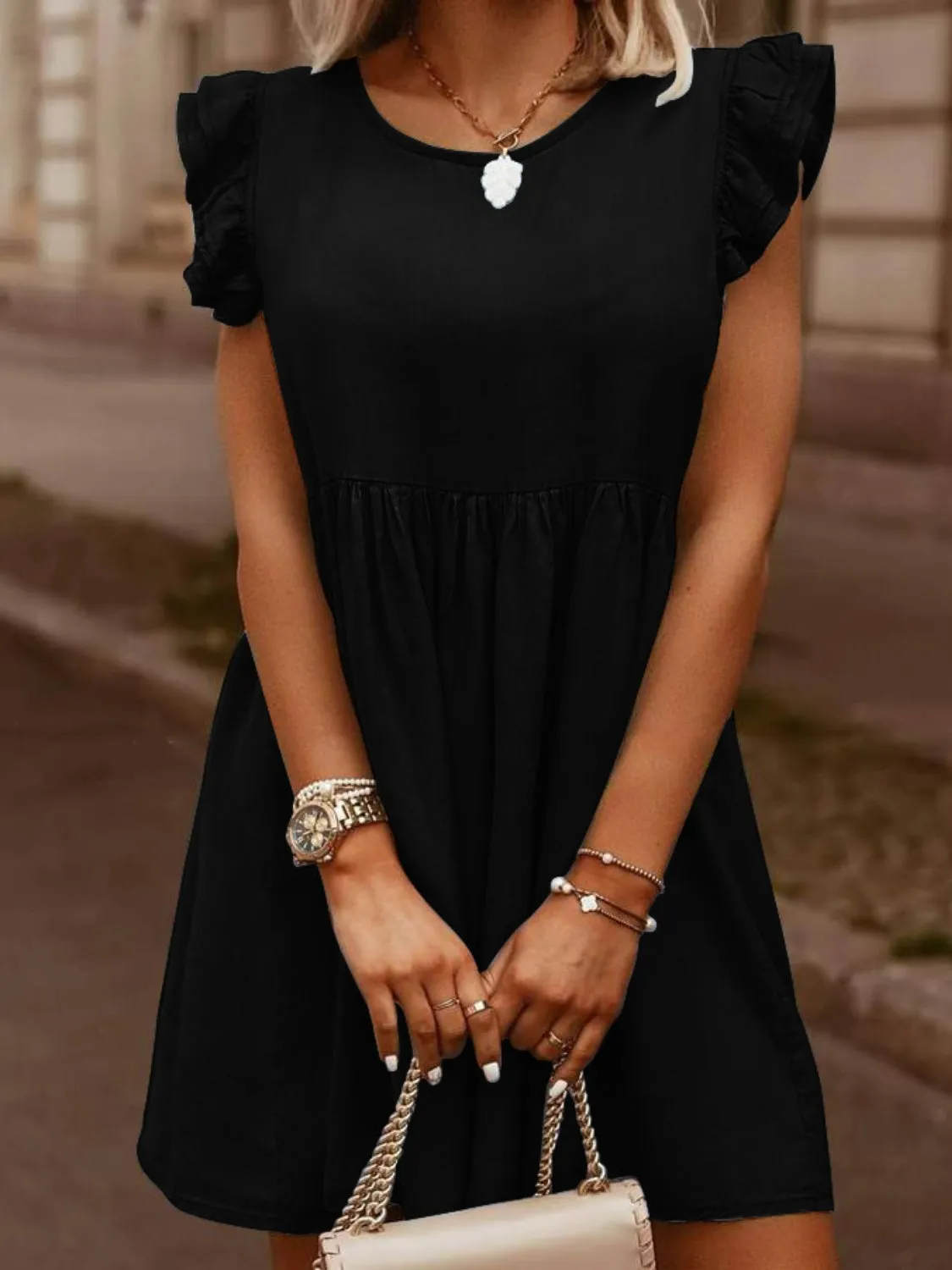 Mia Full Sized Ruffled Round Neck Cap Sleeve Denim Dress