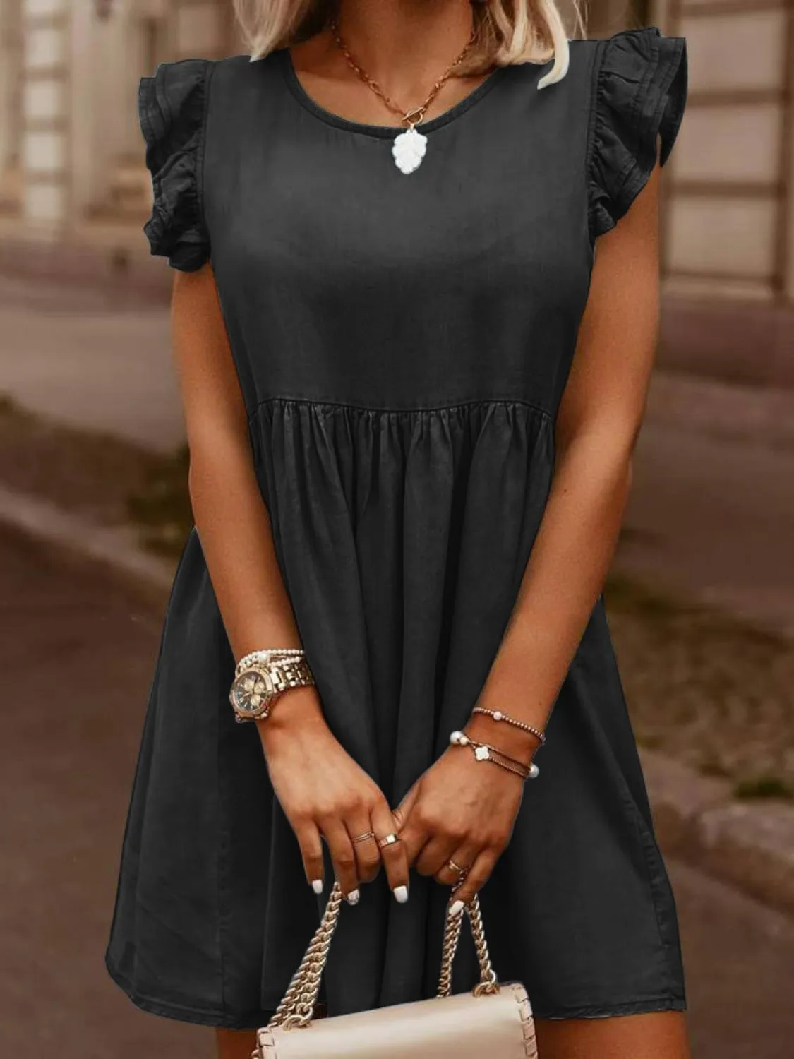 Mia Full Sized Ruffled Round Neck Cap Sleeve Denim Dress