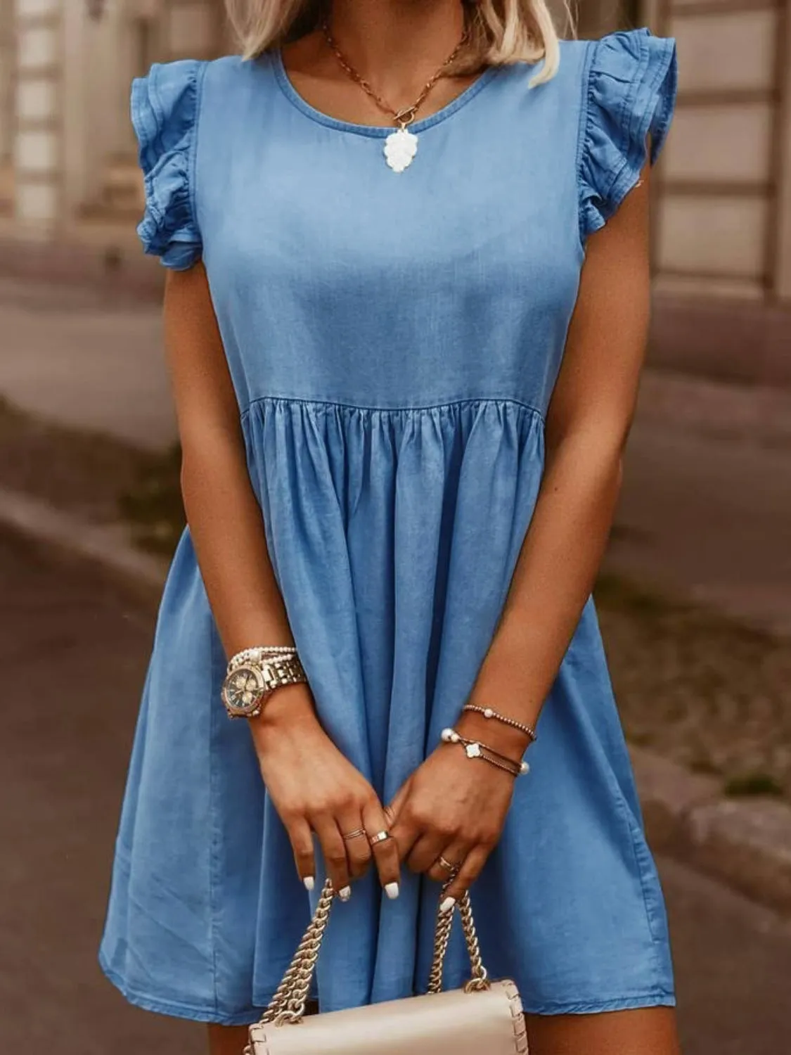 Mia Full Sized Ruffled Round Neck Cap Sleeve Denim Dress