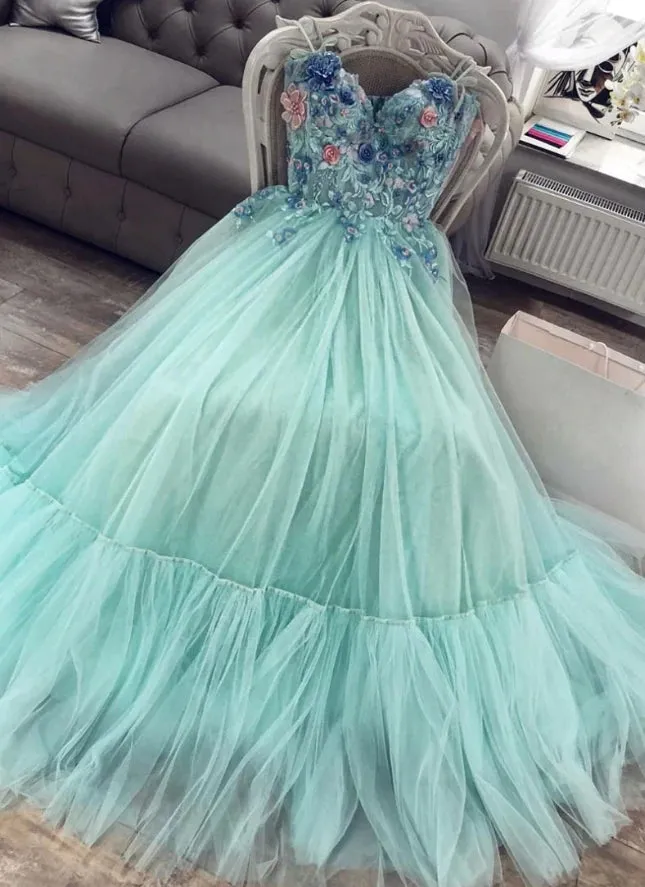 Mint Green Sweetheart Tulle Appliques A Line Long Prom Dress OK1324