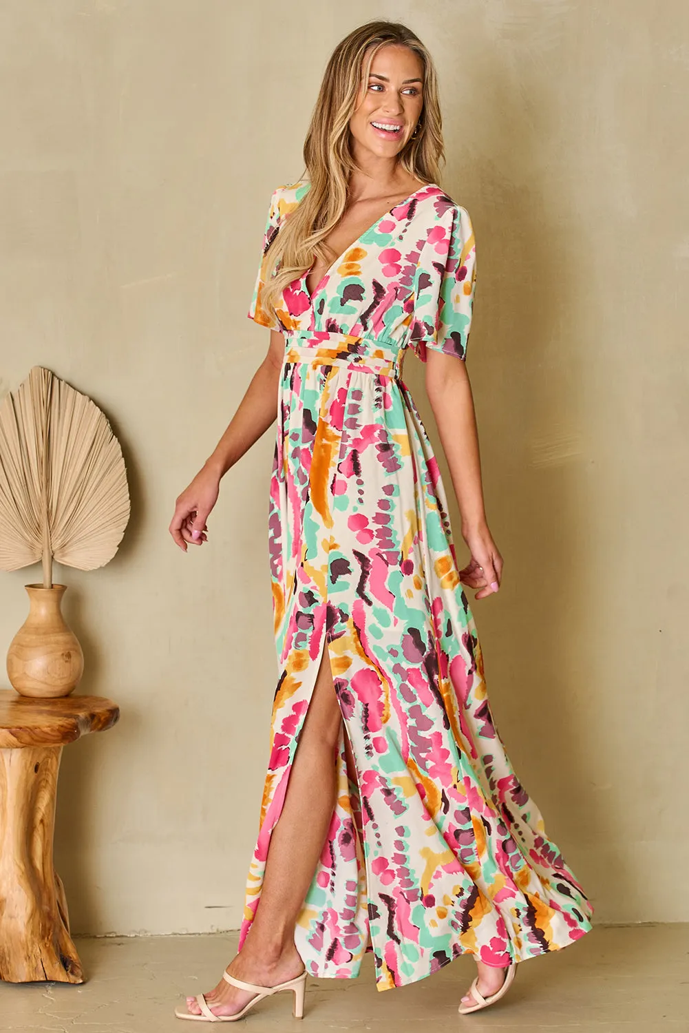 Misti Slit Printed Surplice Short Sleeve Maxi Dress