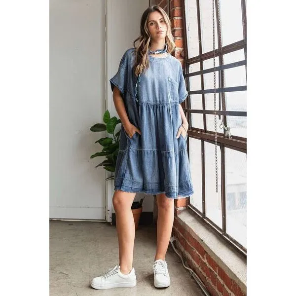 Mittoshop Washed Chambray Denim Oversized Tier Mini Dress