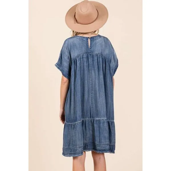 Mittoshop Washed Chambray Denim Oversized Tier Mini Dress