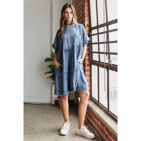 Mittoshop Washed Chambray Denim Oversized Tier Mini Dress