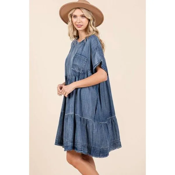 Mittoshop Washed Chambray Denim Oversized Tier Mini Dress