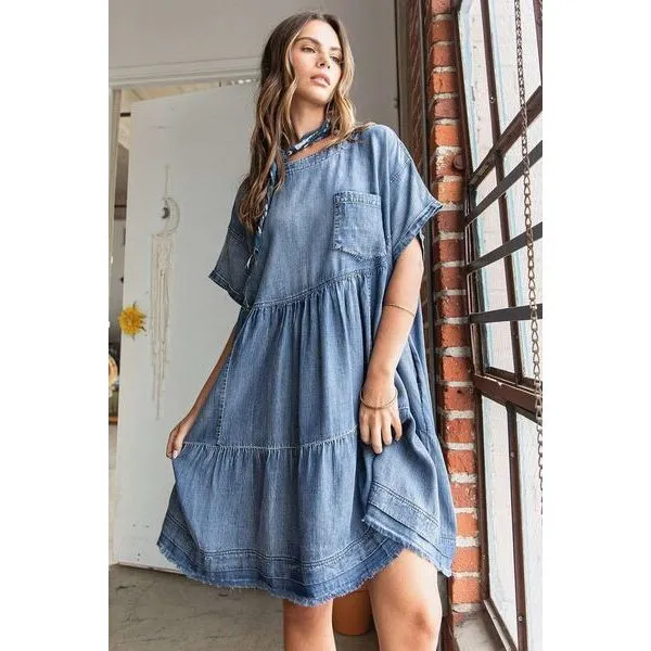 Mittoshop Washed Chambray Denim Oversized Tier Mini Dress