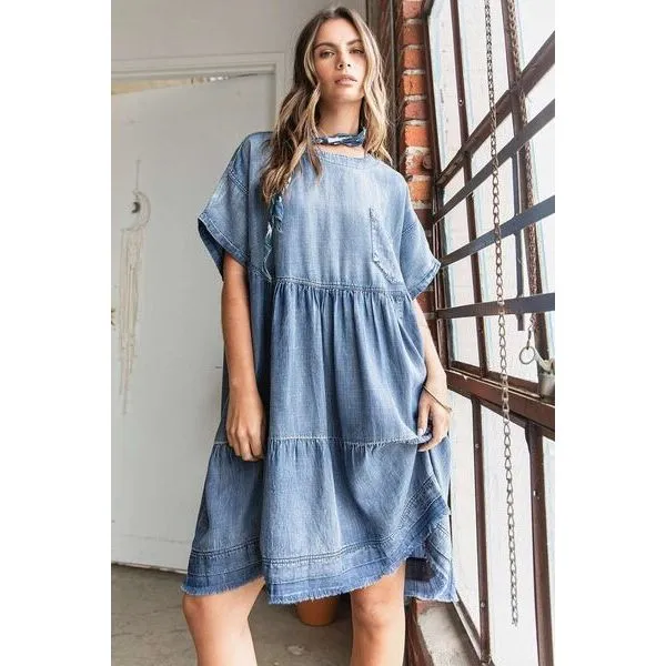 Mittoshop Washed Chambray Denim Oversized Tier Mini Dress