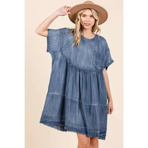 Mittoshop Washed Chambray Denim Oversized Tier Mini Dress