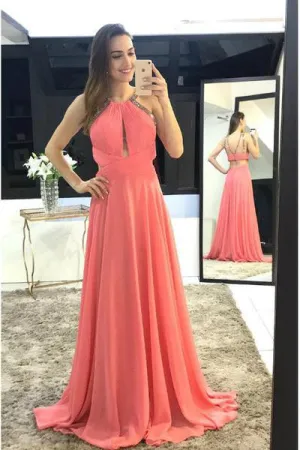 Modest Scoop A-Line Long Watermelon Chiffon Long Sleeveless Prom Dress OK958