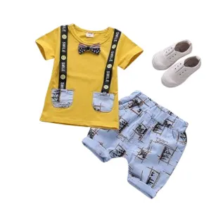 MOF Kids boys cartoon print bow tie T-shirt & shorts set