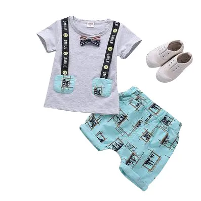 MOF Kids boys cartoon print bow tie T-shirt & shorts set
