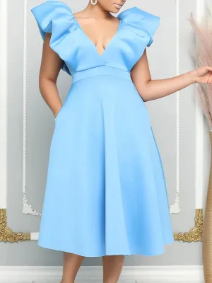 Momnfancy Neon A-Line Big Swing Dramatic Shoulder Deep V-neck Baby Shower Prom Maternity Midi Dress