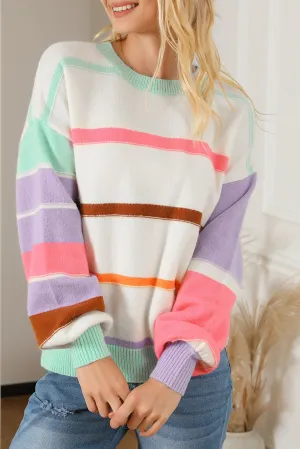 Multicolor Striped Colorblock Drop Shoulder Sweater