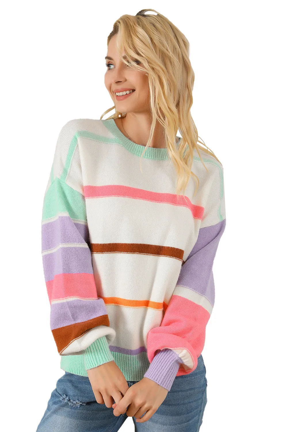 Multicolor Striped Colorblock Drop Shoulder Sweater
