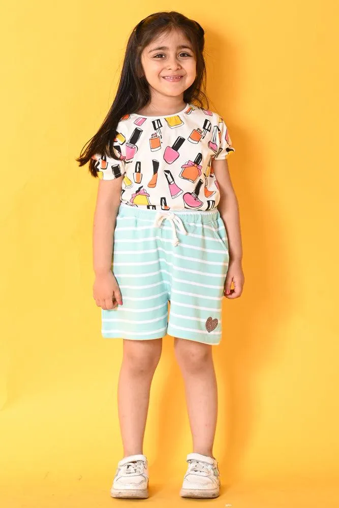 NAIL PAINT AQUA STRIPED SHORTS SET - WHITE/AQUA