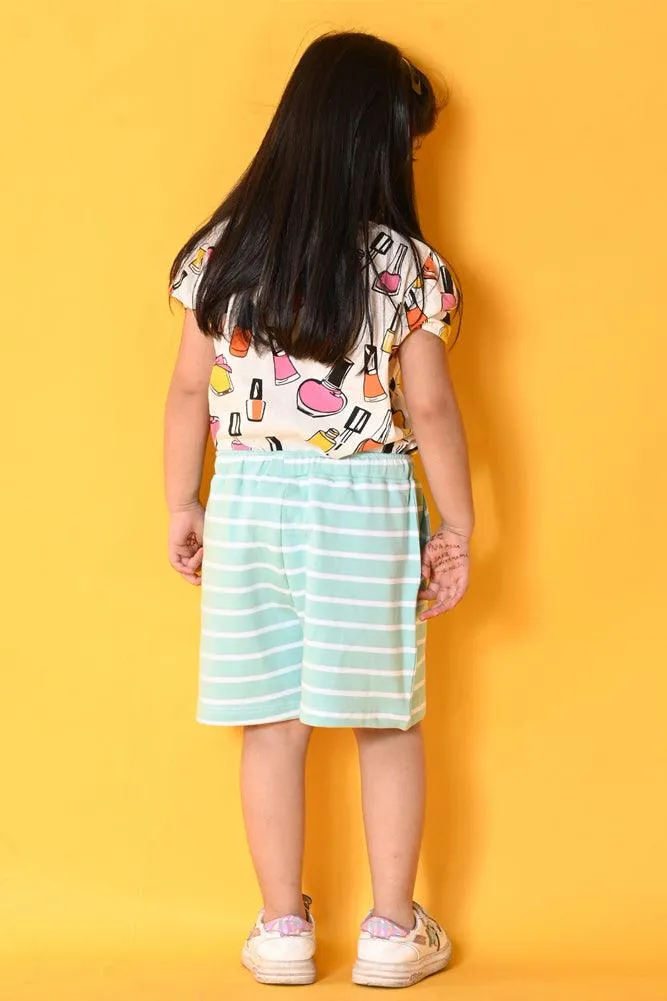 NAIL PAINT AQUA STRIPED SHORTS SET - WHITE/AQUA