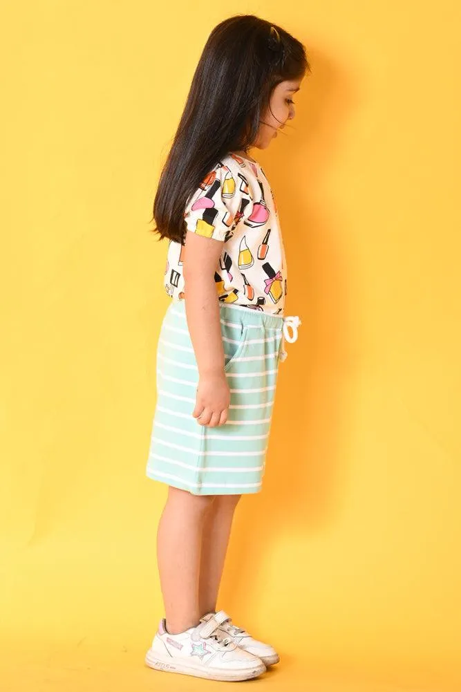NAIL PAINT AQUA STRIPED SHORTS SET - WHITE/AQUA