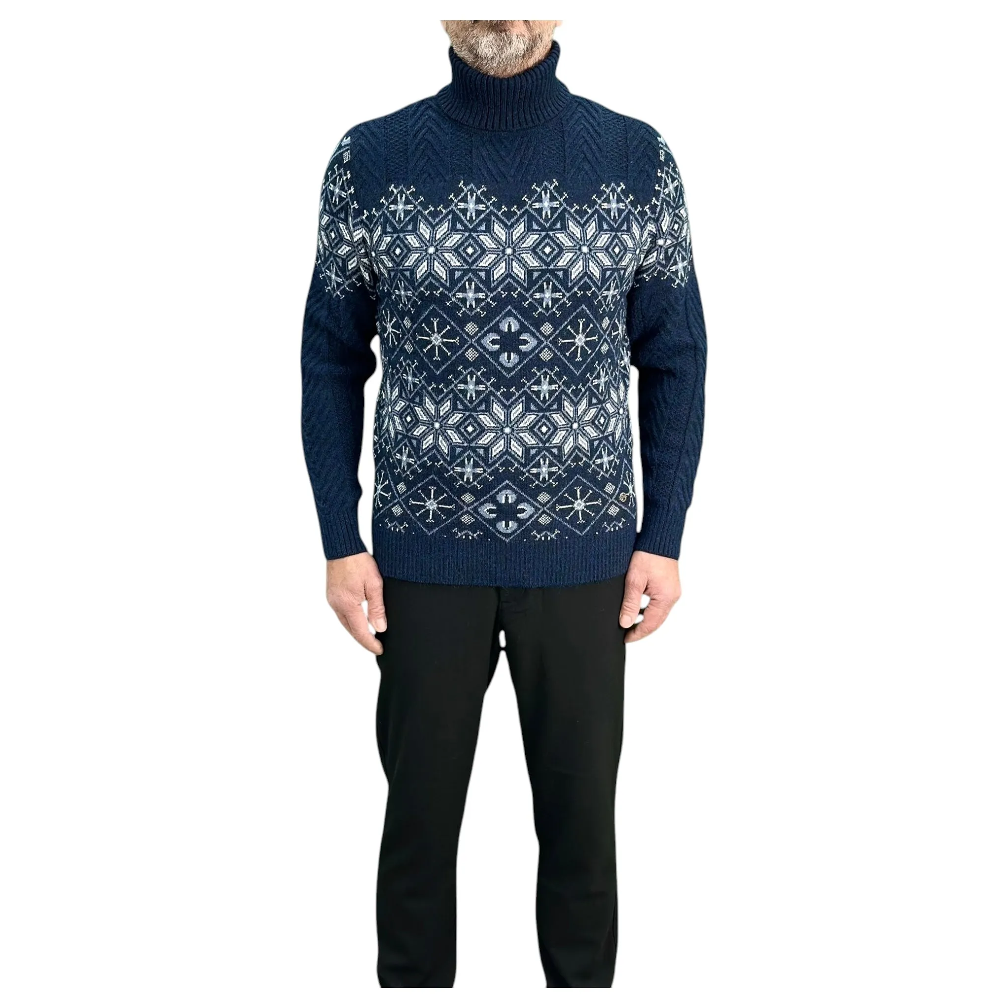 Navy Blue  and Gray Patterned  Men's Chunky Turtleneck Sweater -100% Real  Wool