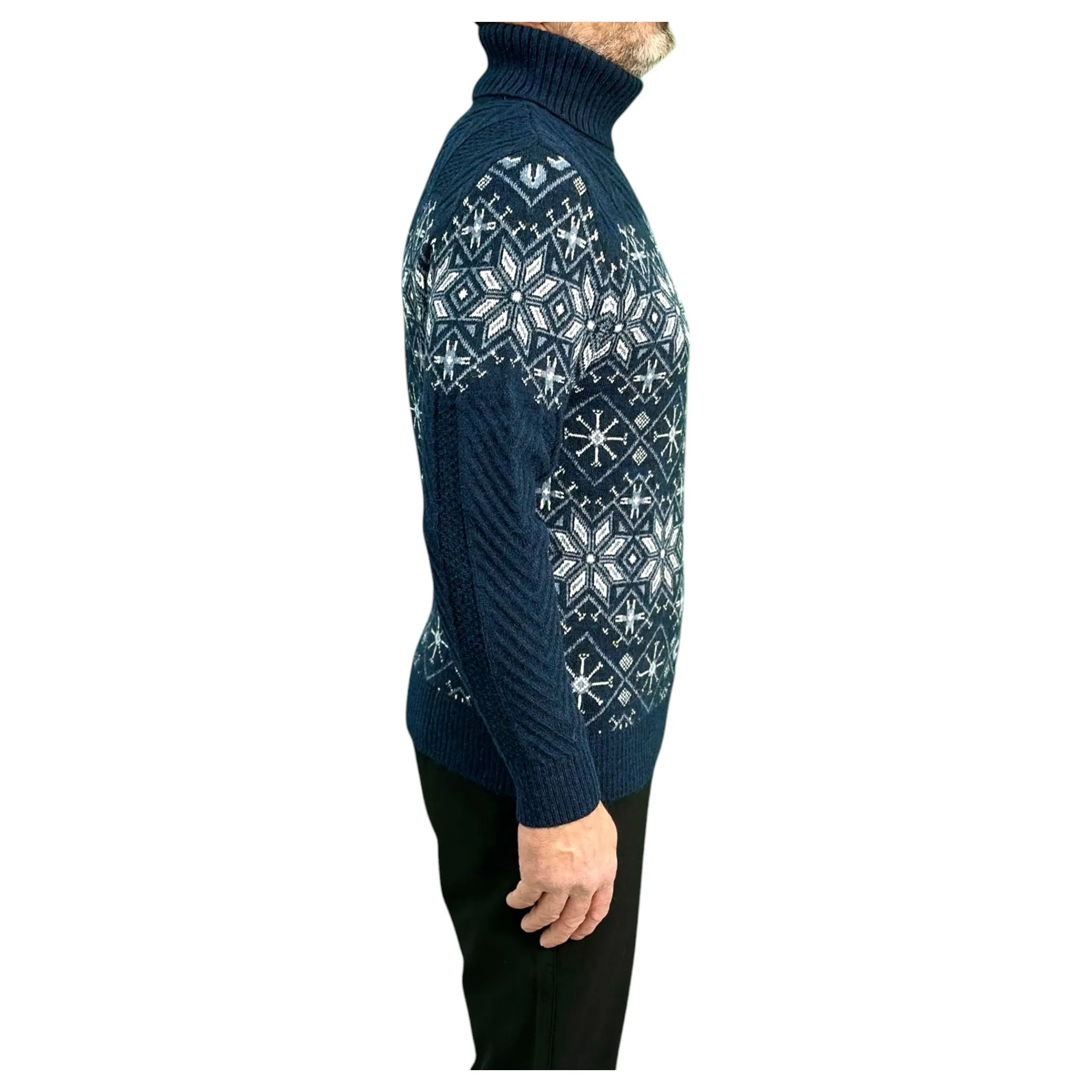 Navy Blue  and Gray Patterned  Men's Chunky Turtleneck Sweater -100% Real  Wool
