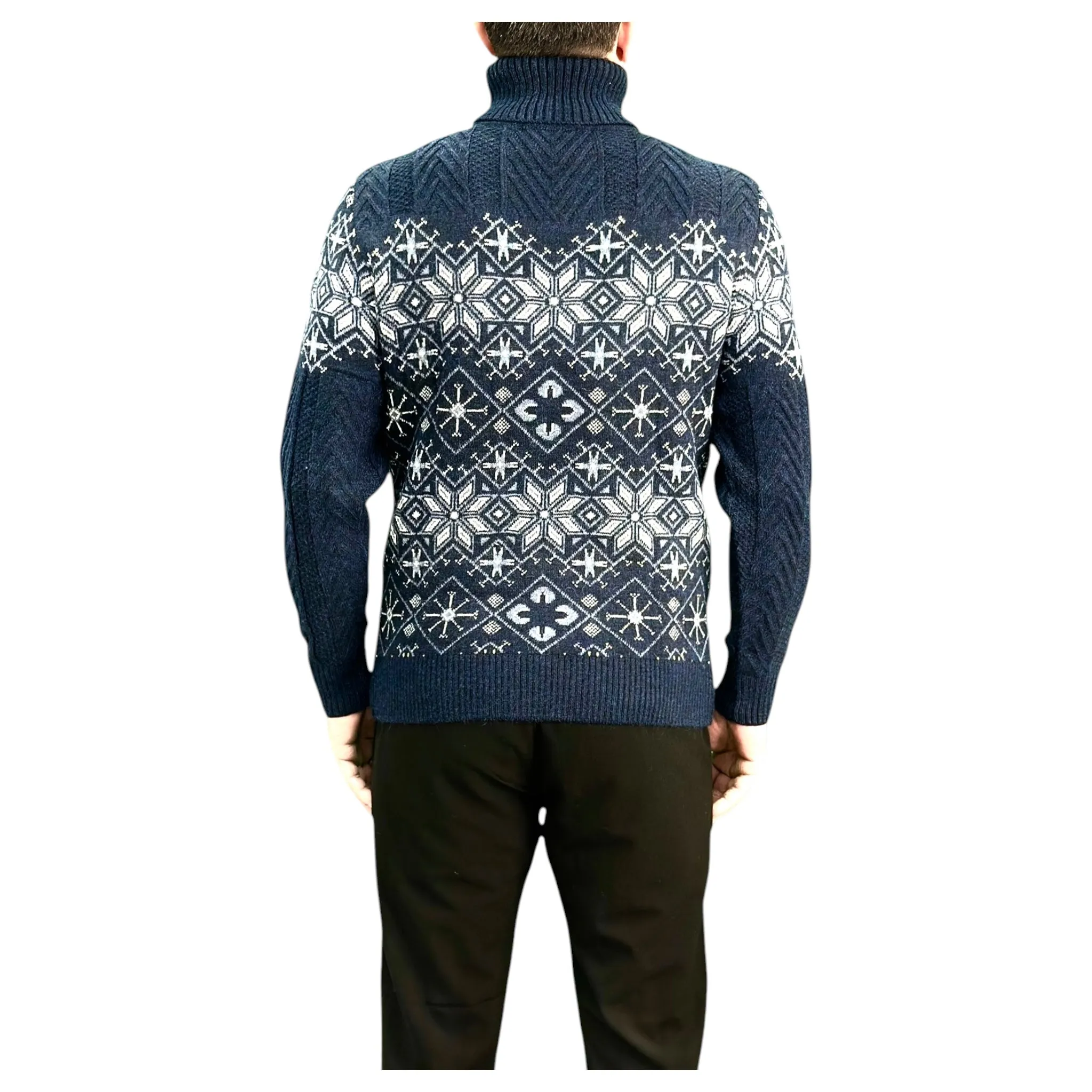 Navy Blue  and Gray Patterned  Men's Chunky Turtleneck Sweater -100% Real  Wool