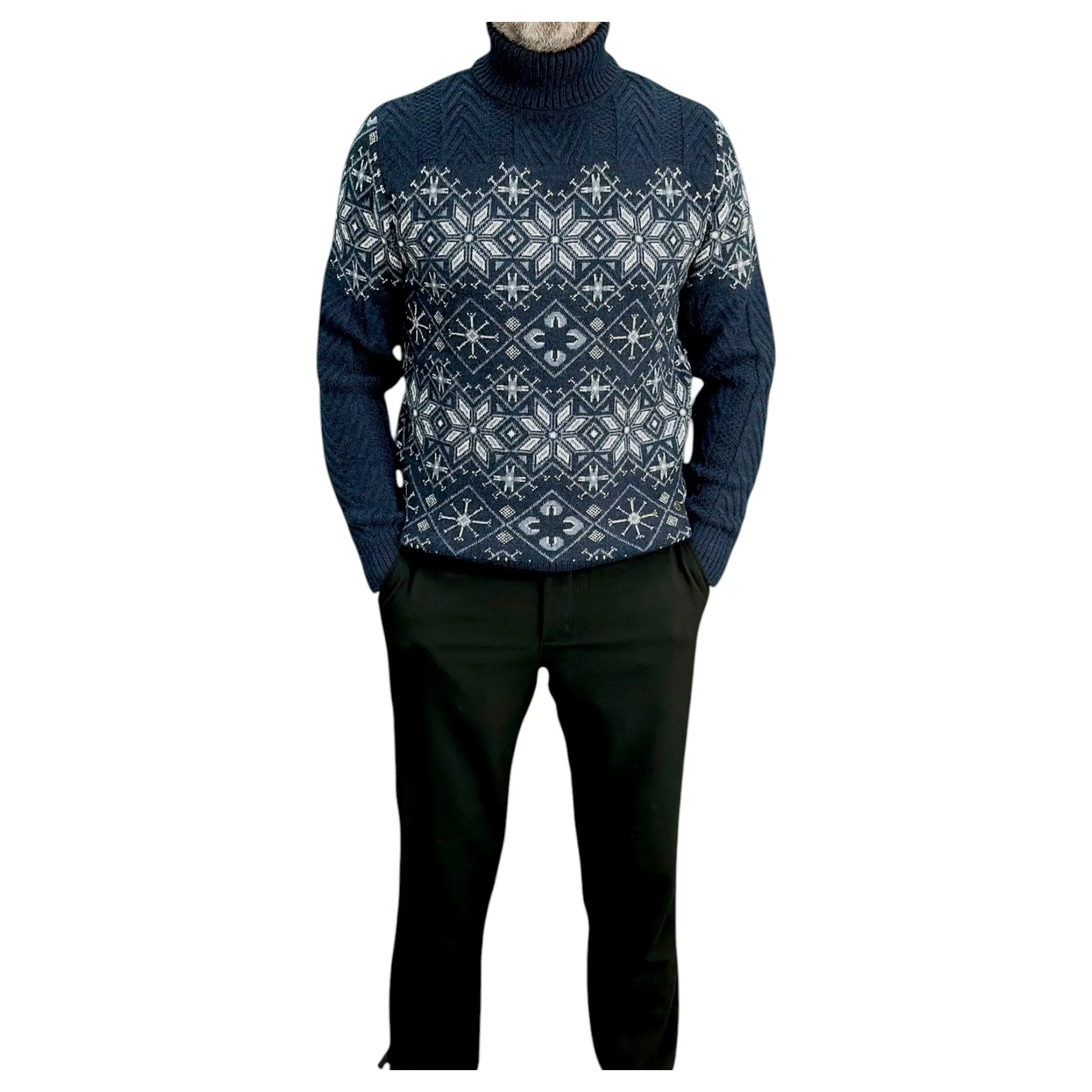 Navy Blue  and Gray Patterned  Men's Chunky Turtleneck Sweater -100% Real  Wool