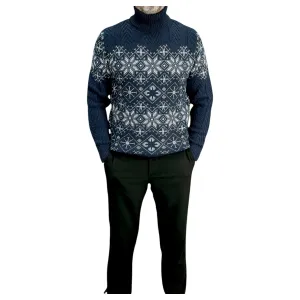 Navy Blue  and Gray Patterned  Men's Chunky Turtleneck Sweater -100% Real  Wool