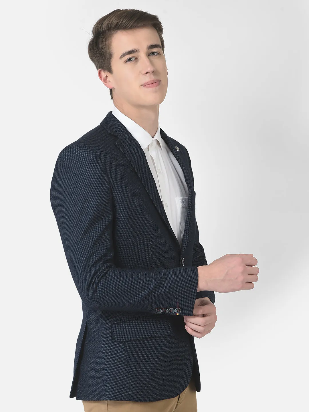Navy Blue Textured Single-Breasted Blazer