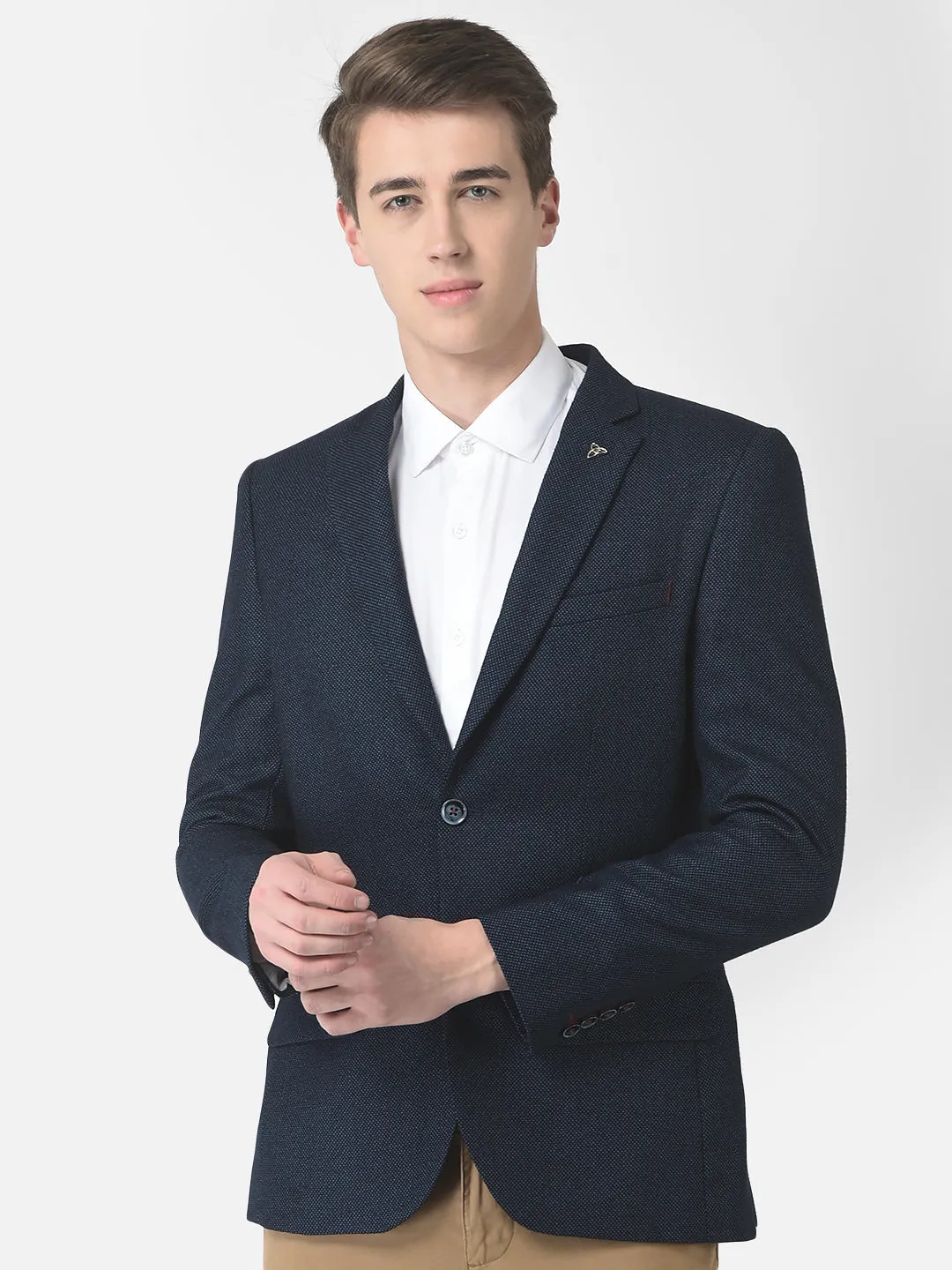 Navy Blue Textured Single-Breasted Blazer