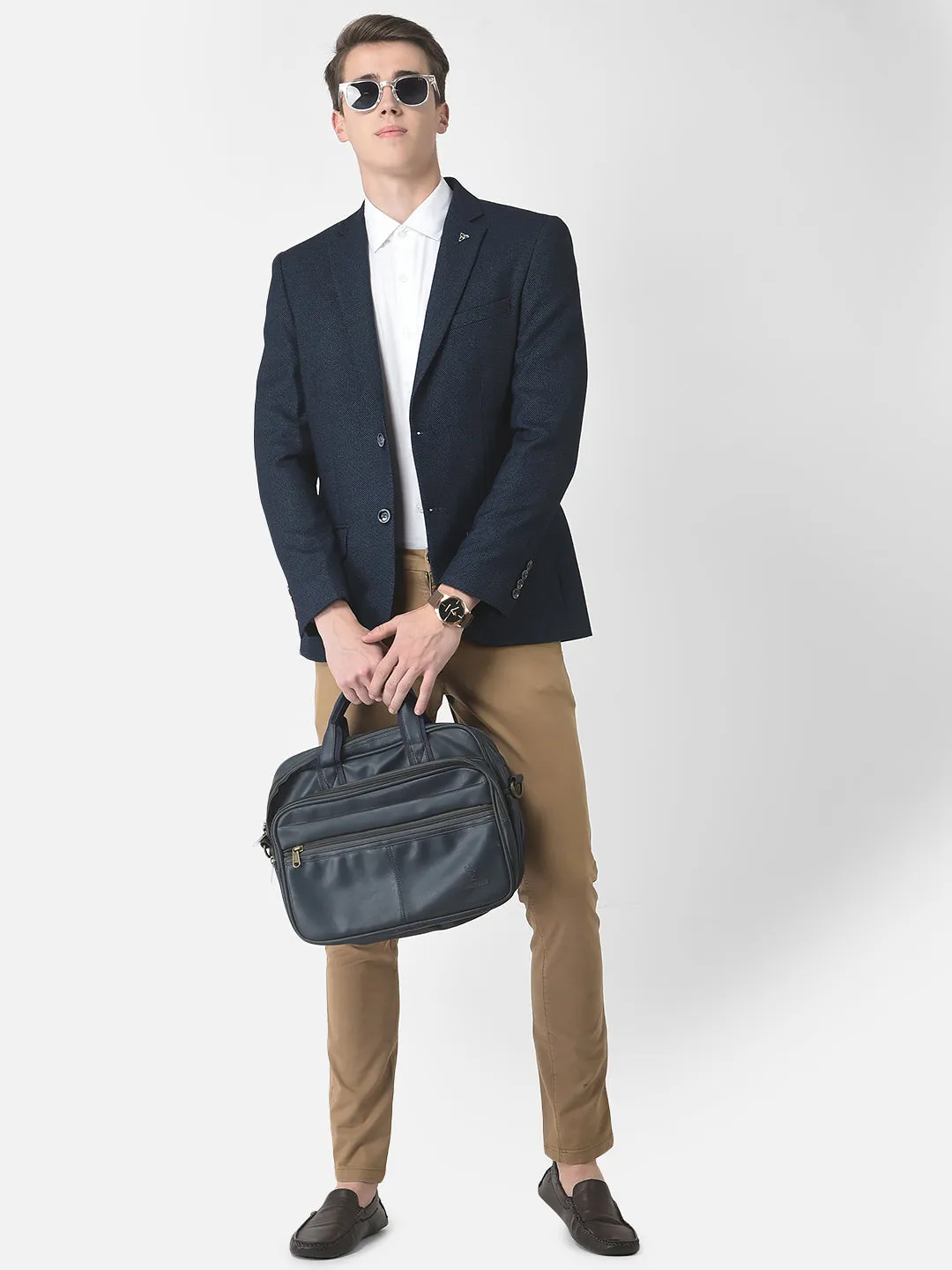 Navy Blue Textured Single-Breasted Blazer