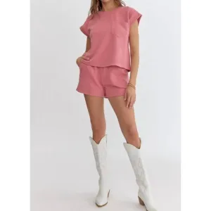 NEW ENTRO textured shorts and top set in coral pink