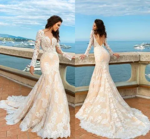 New Lace Mermaid Deep V-Neck Backless Long Sleeves Backless Wedding Dress OK773