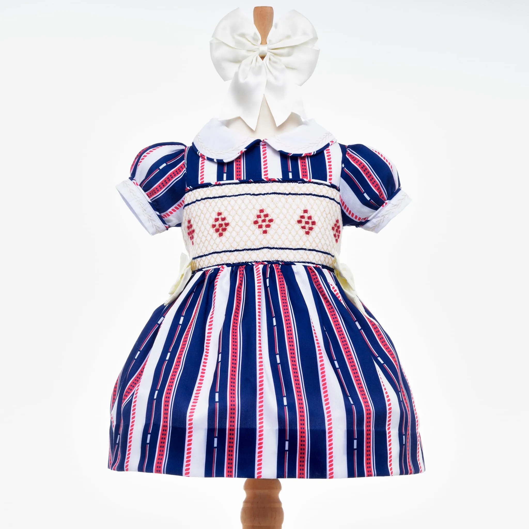 Ocean Baby Girls Smocked Red, White & Blue Cotton Petticoat Layered Dress (6M-8Yrs)