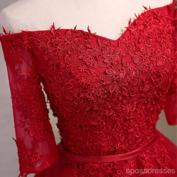 Off Shoulder Short Sleeve Red Lace Cute Homecoming Prom Dresses, Affordable Short Party Prom Dresses, Perfect Homecoming Dresses, CM307