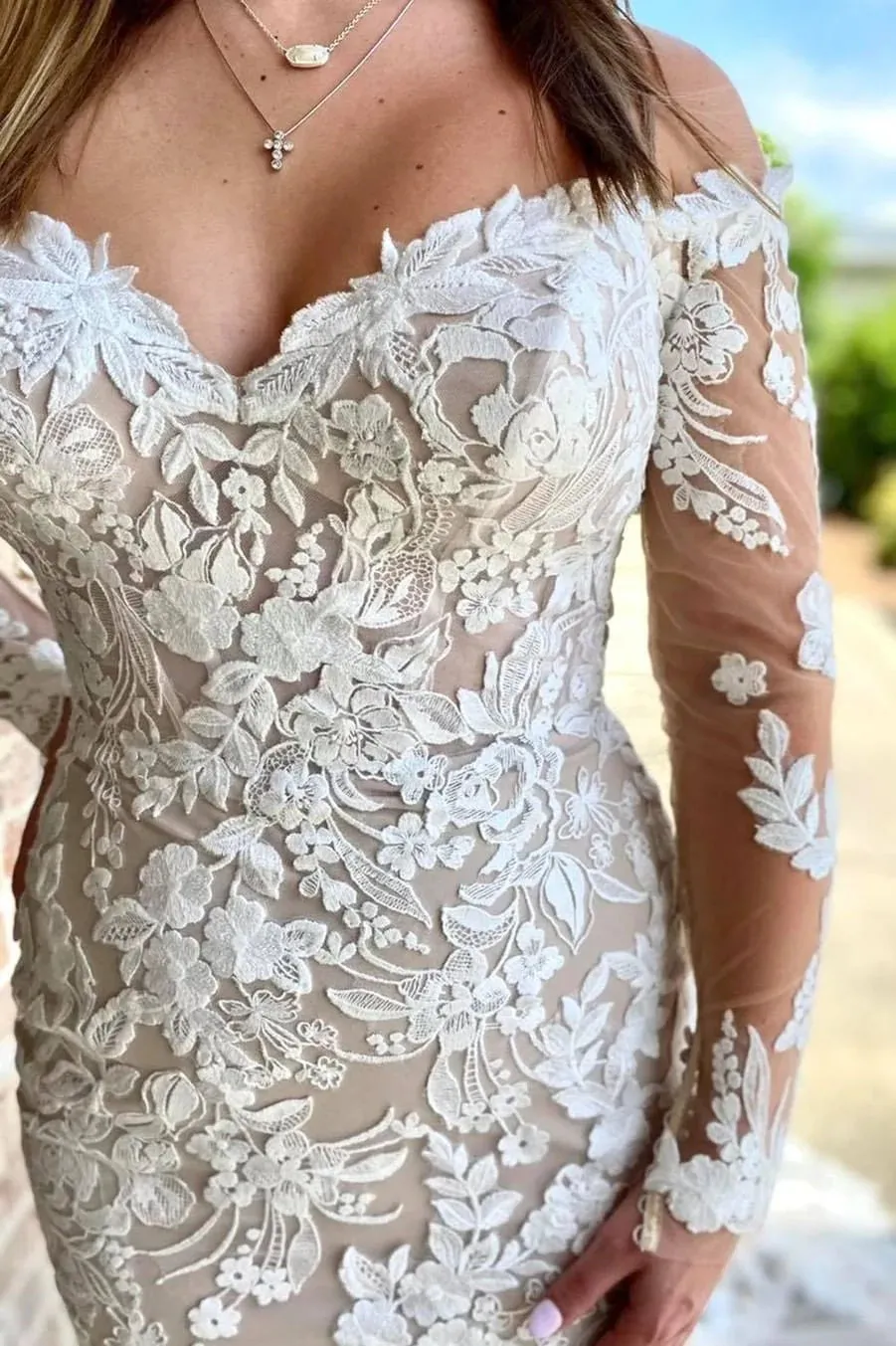 Off White Lace Appliques Off-the-Shoulder Long Sleeves Mermaid Wedding Dress OK1619