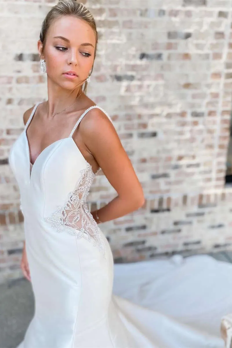 Off White V-Neck Beaded Mermaid Satin Spaghetti Straps Long Wedding Dress OK1537