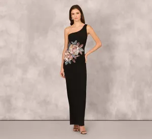One Shoulder Beaded Floral Detail Long Dress In Black