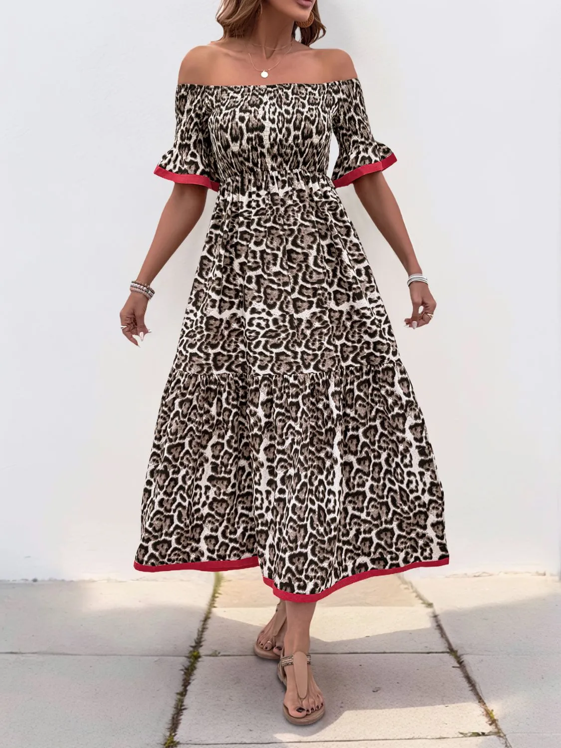 Perfee Leopard Off-Shoulder Flounce Sleeve Midi Dress