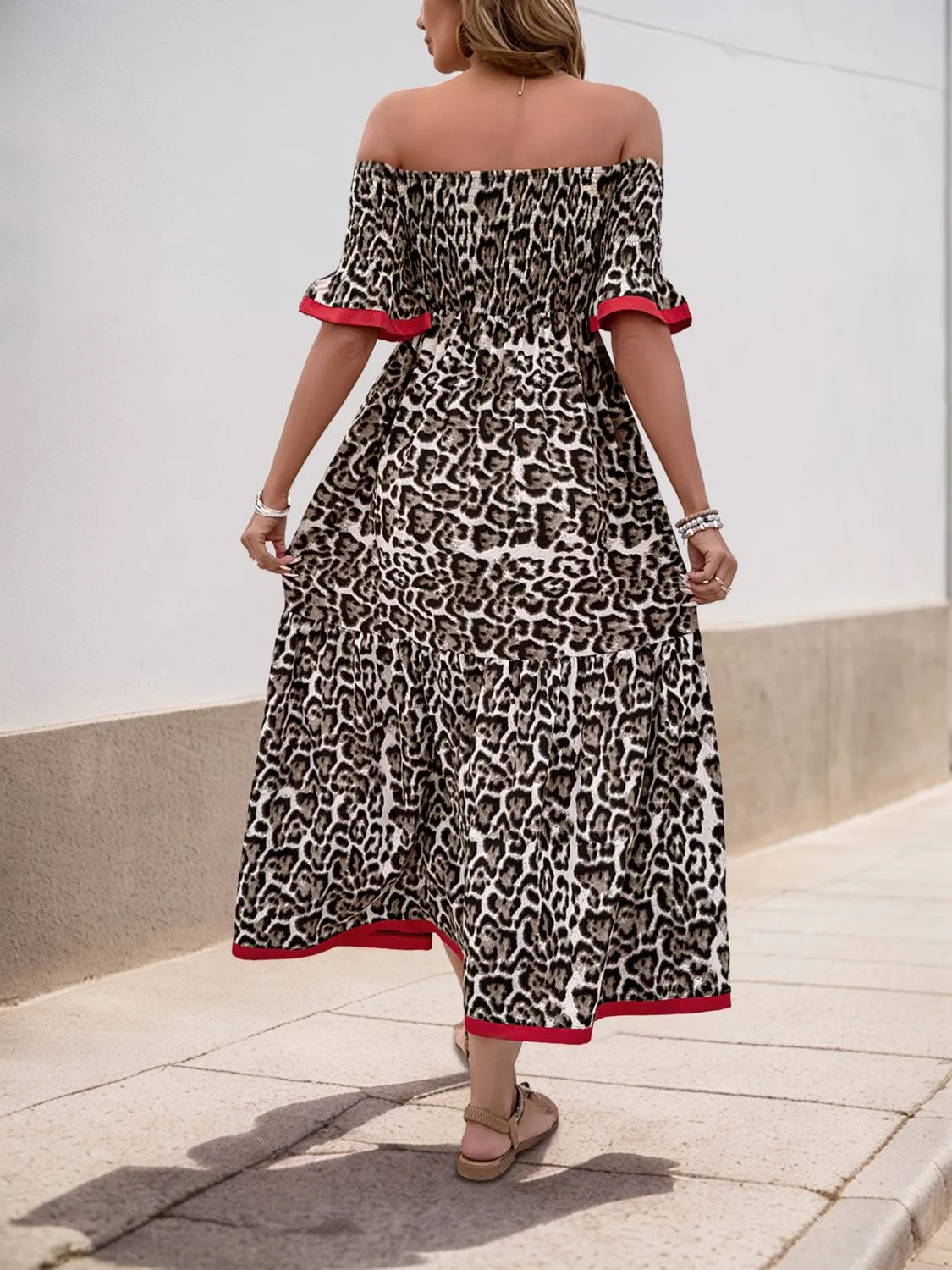 Perfee Leopard Off-Shoulder Flounce Sleeve Midi Dress