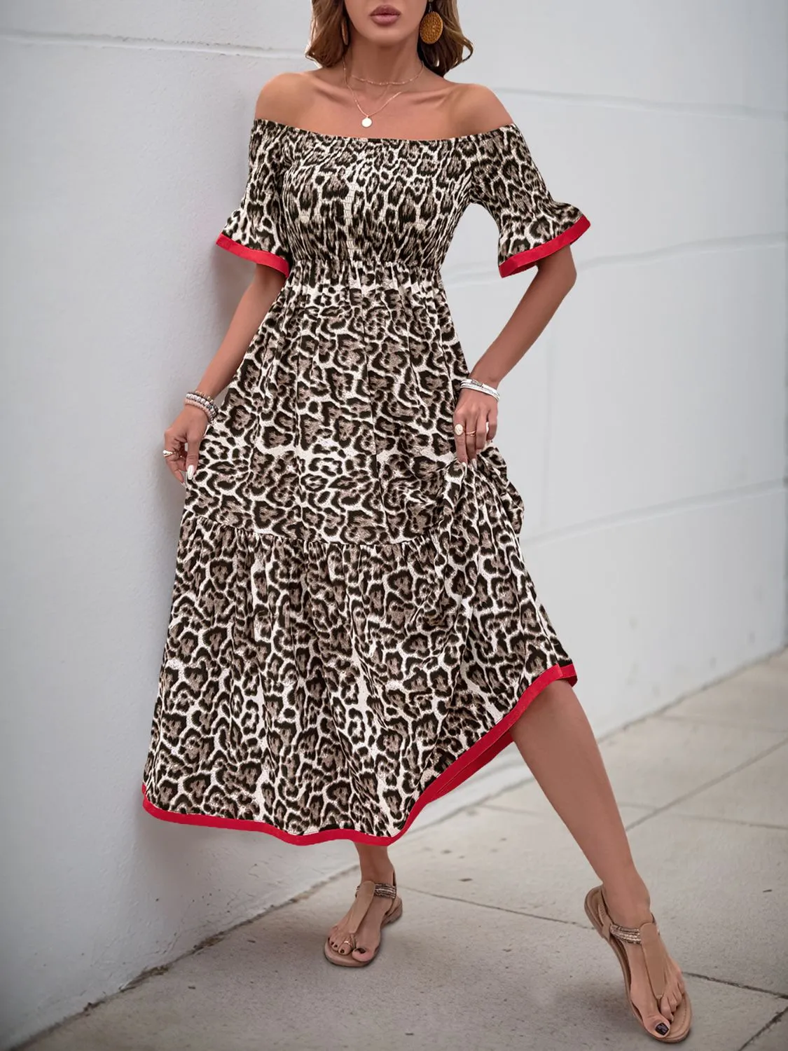 Perfee Leopard Off-Shoulder Flounce Sleeve Midi Dress