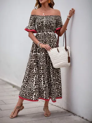 Perfee Leopard Off-Shoulder Flounce Sleeve Midi Dress