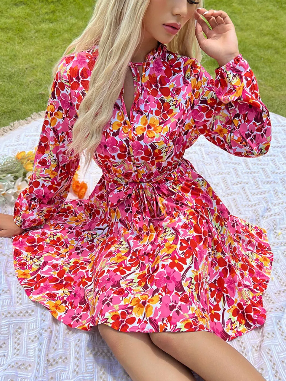Perfee Tie Front Printed Long Sleeve Mini Dress