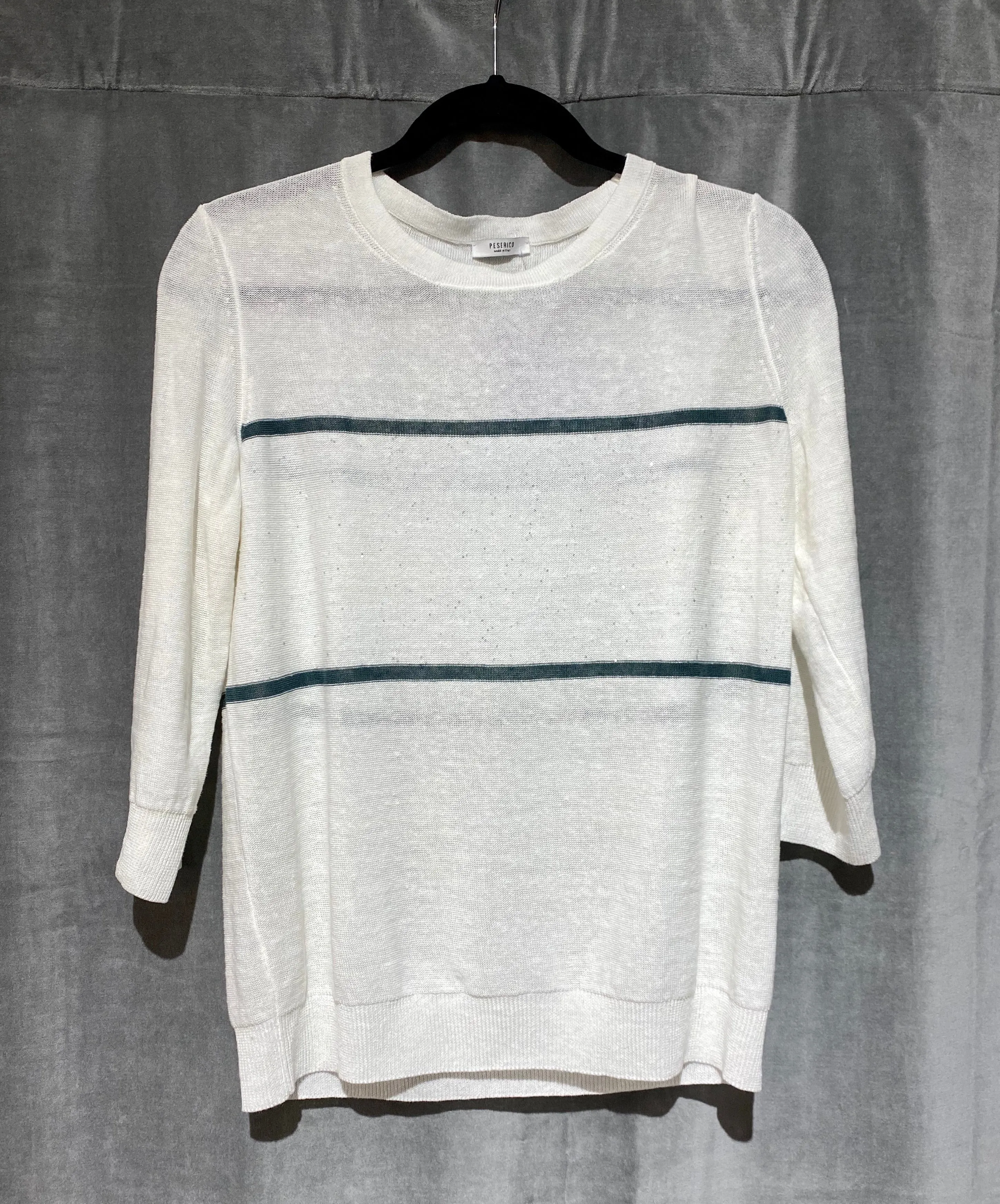 Peserico Cream Crew Neck Three Quarter Sleeve Sweater with Horizontal Stripes and Sparkle
