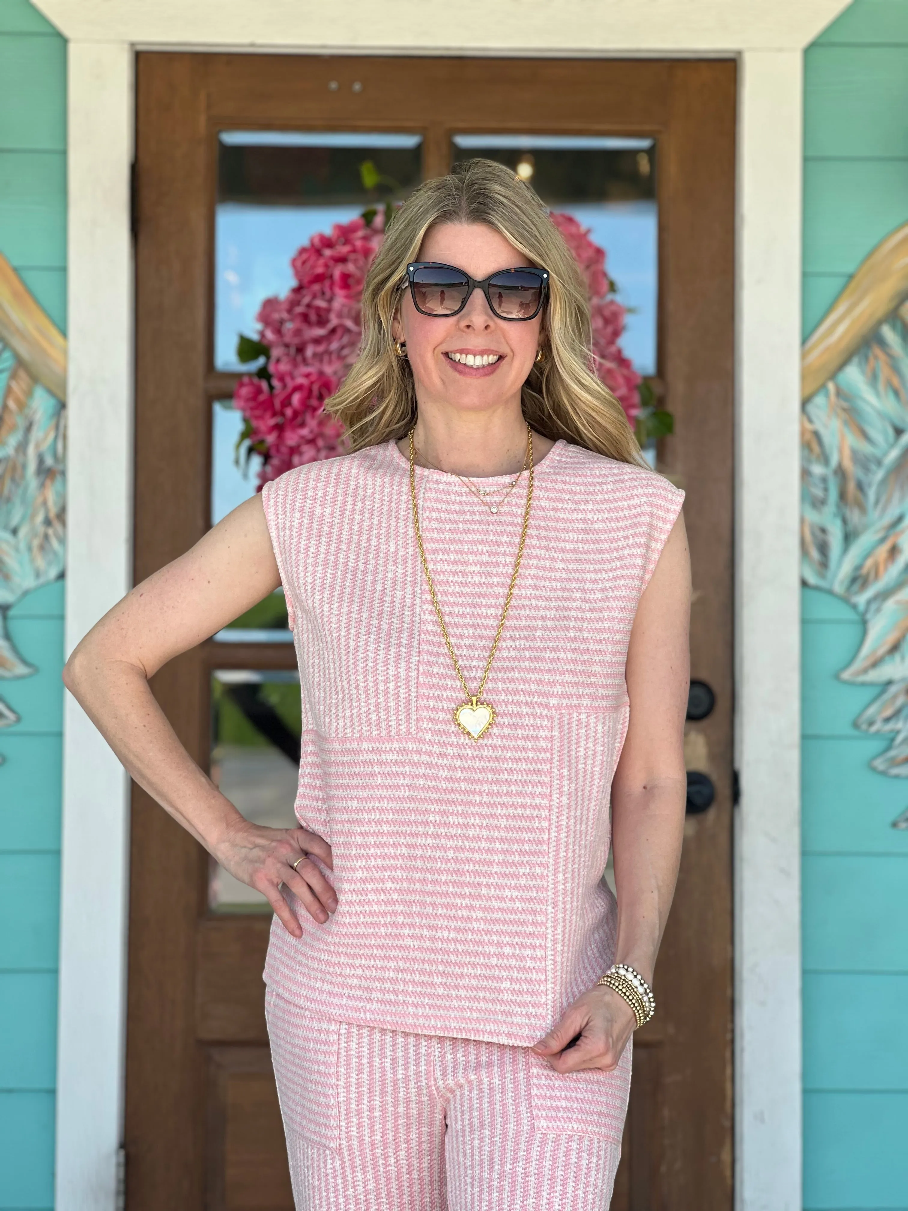 Pink & White Textured Knit Top