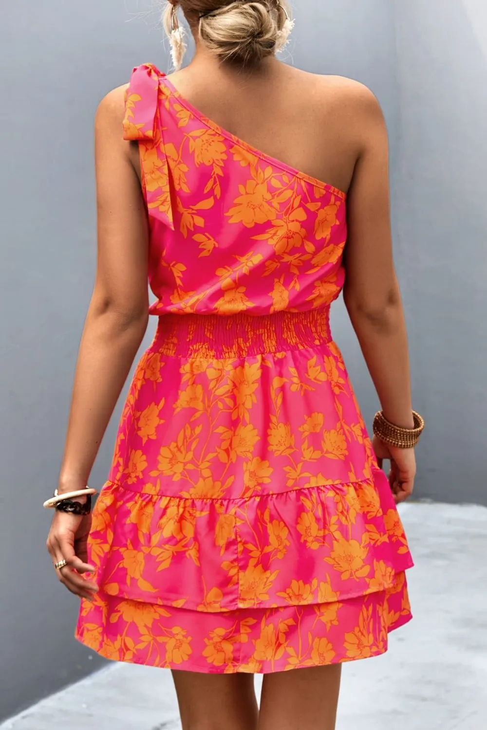 Pink Smocked Printed Single Shoulder Dress Feminine & Flattering Summer Style Dresses