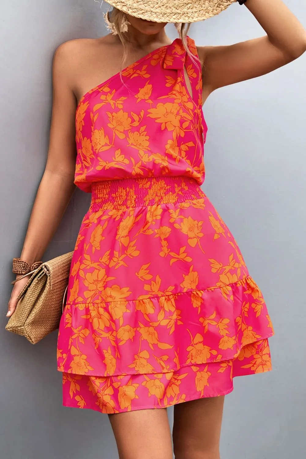 Pink Smocked Printed Single Shoulder Dress Feminine & Flattering Summer Style Dresses