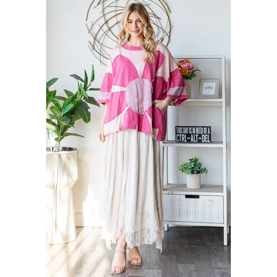 Pink Washed Daisy Patchwork Oversized Oli Hali Top