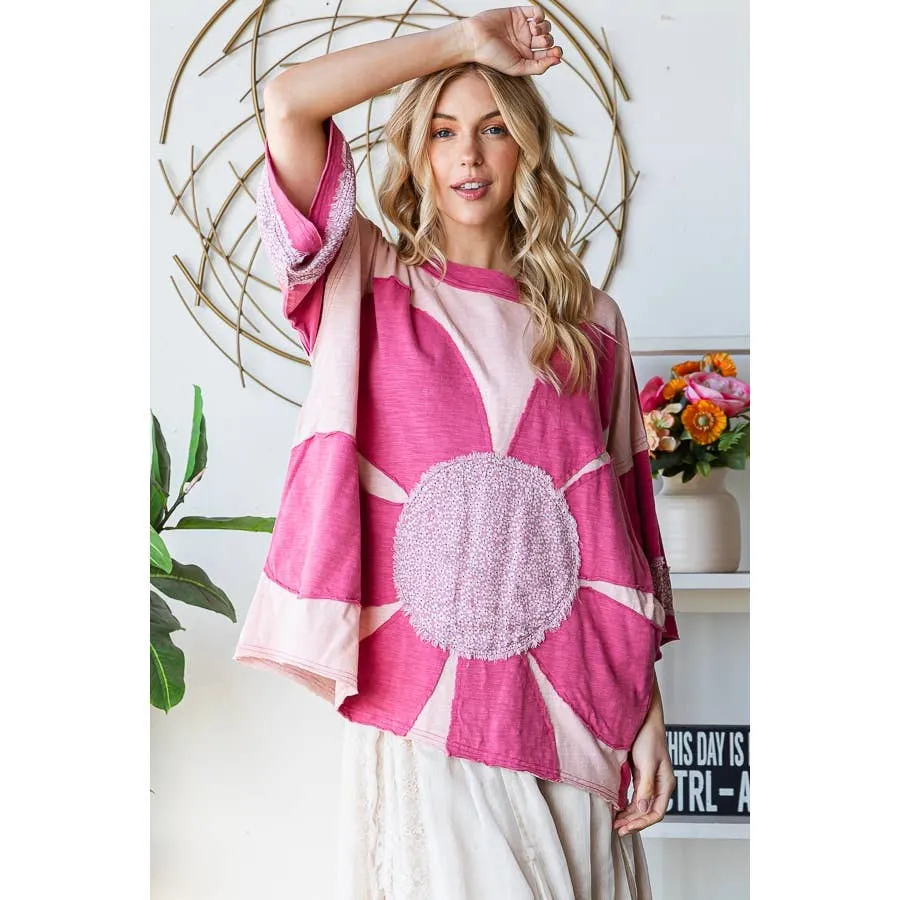 Pink Washed Daisy Patchwork Oversized Oli Hali Top